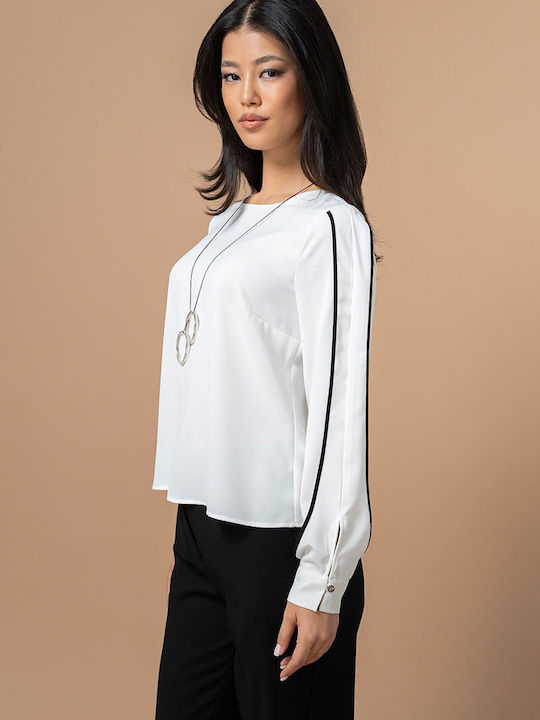 Bryana Bluza Damă Mânecă Lungă Drapată Alb