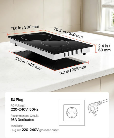 Domino Ceramic Autonomous Cooktop with Lock Mode 30x52cm