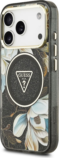 Guess Iml Glitter Flowers Triangle Magsafe Калъф за iPhone 18 Pro 17 Pro Черен