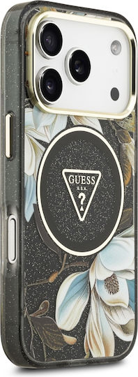 Guess Iml Glitter Flowers Triangle Magsafe Калъф за iPhone 18 Pro 17 Pro Черен