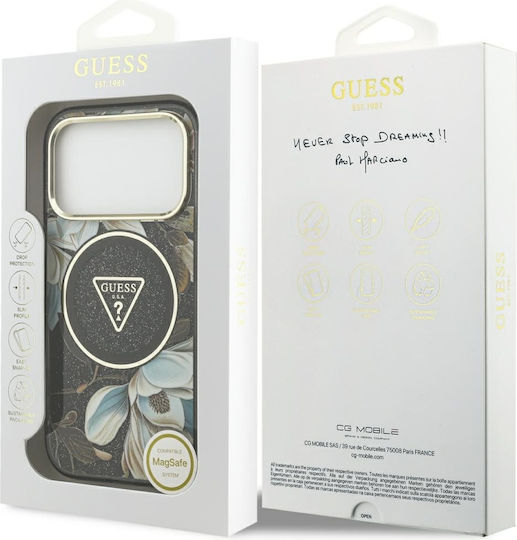Guess Iml Glitter Flowers Triangle Magsafe Калъф за iPhone 18 Pro 17 Pro Черен