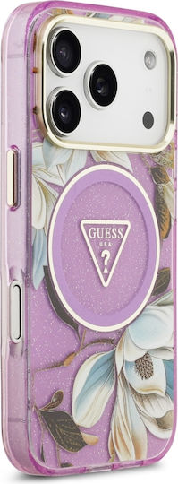 Guess Iml Glitter Flowers Triangle Magsafe Case Iphone 18 Pro 17 Pro Purple