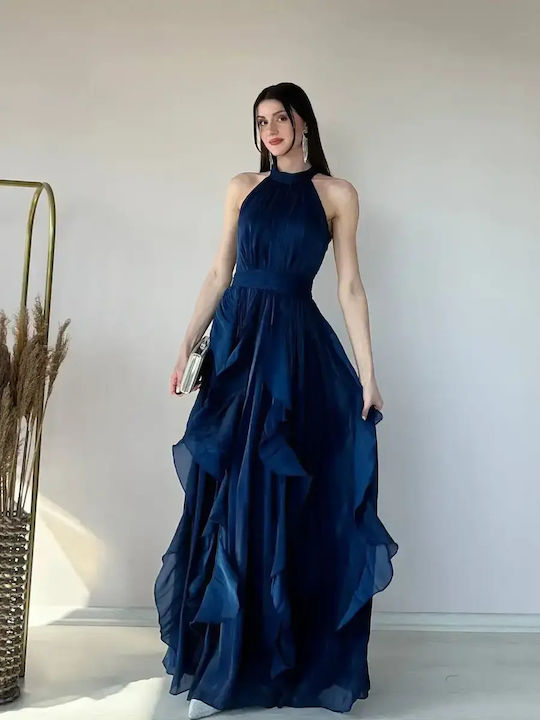 Summer Maxi Dress for Wedding Christening Satin Dark Blue