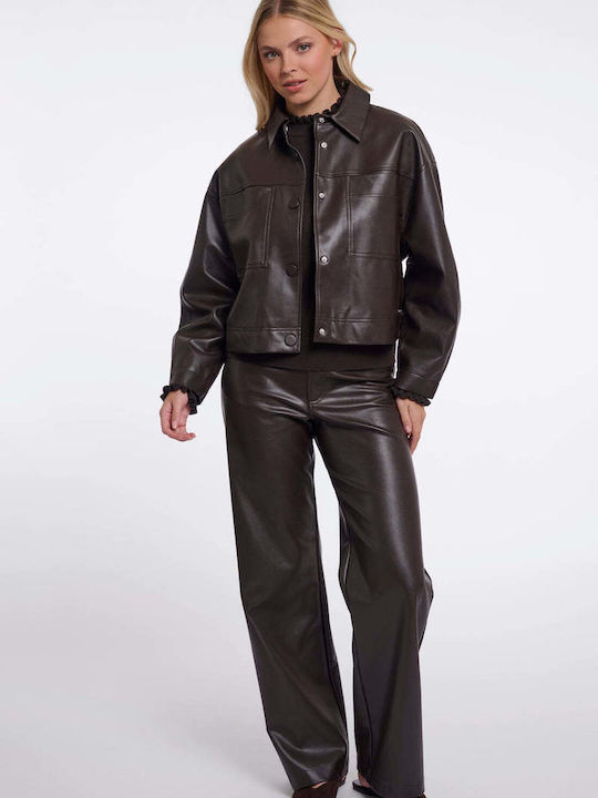 Leather Women's Jacket for Winter Dark-Brown