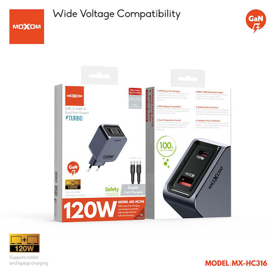 Moxom Зарядно Устройство Без Кабел GaN с USB-A Изходен Порт и USB-C Изходен Порт 120W Черно 022626
