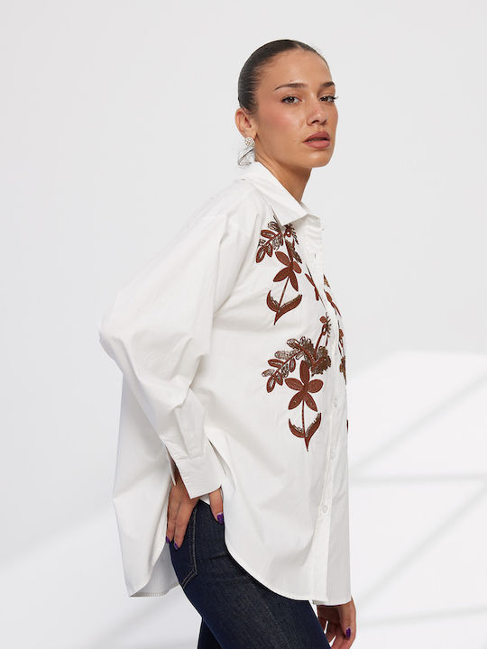 Langärmeliges Damen Denim Hemd Weiß Blumen