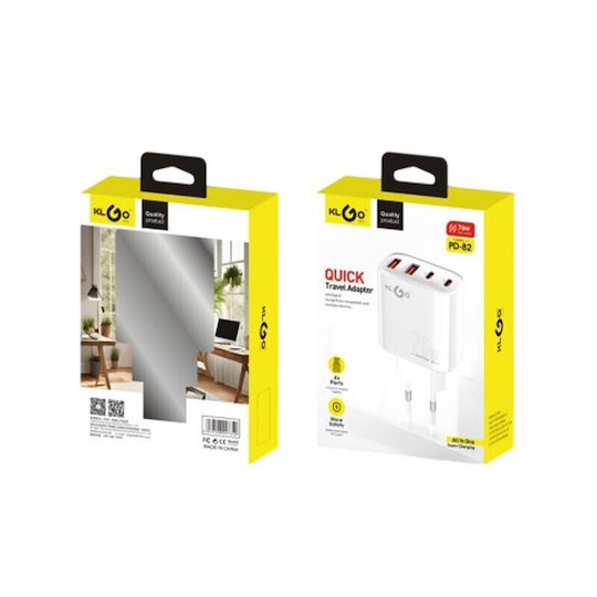 KLGO Încărcător Fără Cablu cu 2 Porturi USB-A și 2 Porturi USB-C 76W Power Delivery / Quick Charge 3.0 Alb (PD-82)