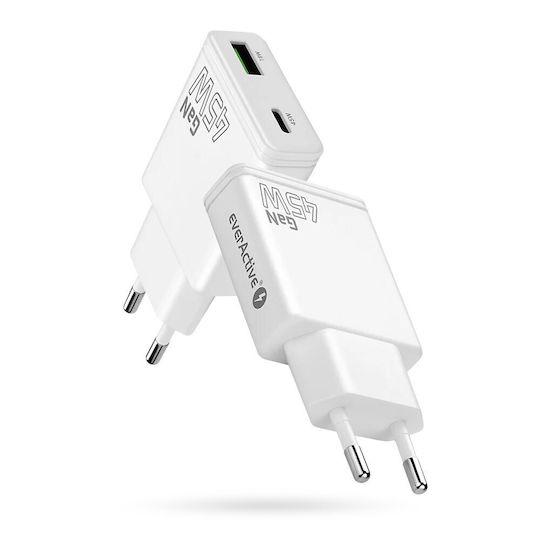 EverActive Φορτιστής Χωρίς Καλώδιο GaN με Θύρα USB-A και Θύρα USB-C 45W Power Delivery / Quick Charge 3.0 Λευκός (SC-460Q)