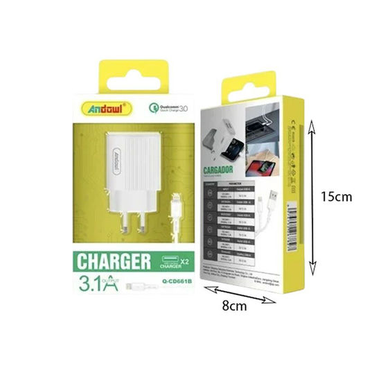 Andowl Φορτιστής με 2 Θύρες USB-A και Καλώδιο Lightning Λευκός (Q-CD661B)