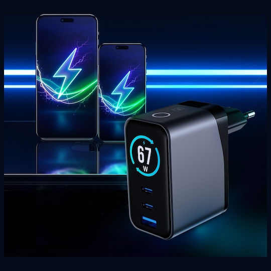 3MK Charger Without Cable with USB-A Port and 2 USB-C Ports 67W Power Delivery / Quick Charge 4+ Blacks (InCharge Lumin)