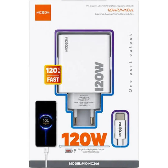 Moxom Зарядно Устройство с USB-A Изходен Порт и USB-C Кабел 120W Бял (MX-HC246)