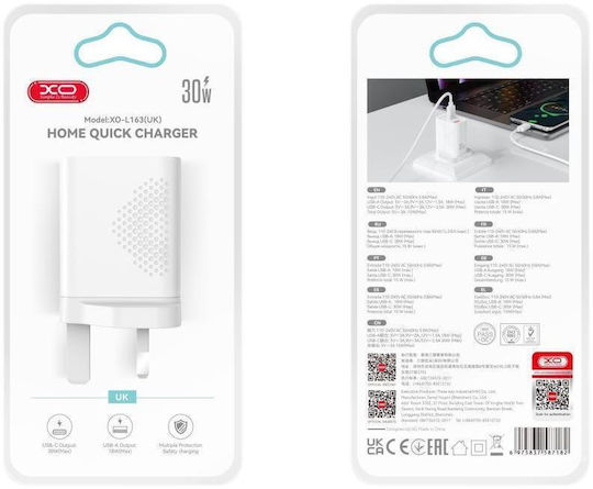 XO Wireless Charger with USB-A Port and USB-C Port 30W Power Delivery White (L163UK)