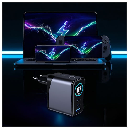 3MK Charger Without Cable with USB-A Port and 2 USB-C Ports 67W Power Delivery / Quick Charge 4+ Blacks (InCharge Lumin)