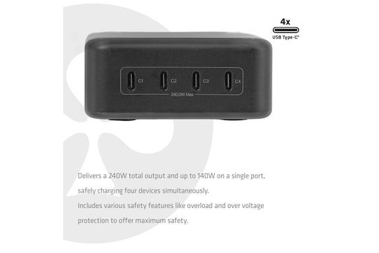 Club3D База за Зареждане GaN с 4 USB-C Изходни Порта 240W Power Delivery в Черен Цвят (CAC-1933)
