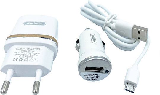 Auto Gs Car Charger with One Port 1xUSB-A and Micro-USB Cable White Color