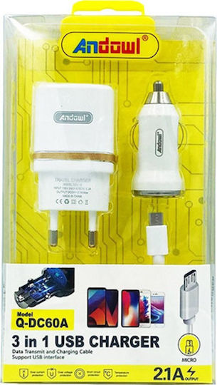 Auto Gs Car Charger with One Port 1xUSB-A and Micro-USB Cable White Color