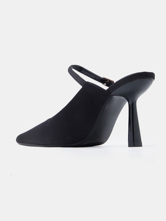 Satin Damen Pantoletten mit Hoch Absatz in Schwarz Farbe
