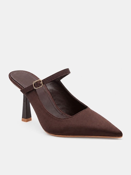 Satin Damen Pantoletten mit Hoch Absatz in Braune Farbe