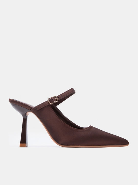 Satin Damen Pantoletten mit Hoch Absatz in Braune Farbe