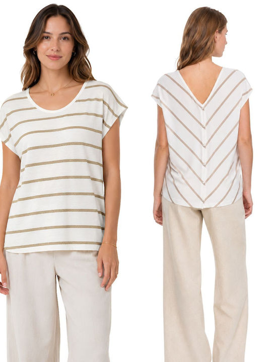 Women's Blouse Short Sleeve with V-Neck Striped White