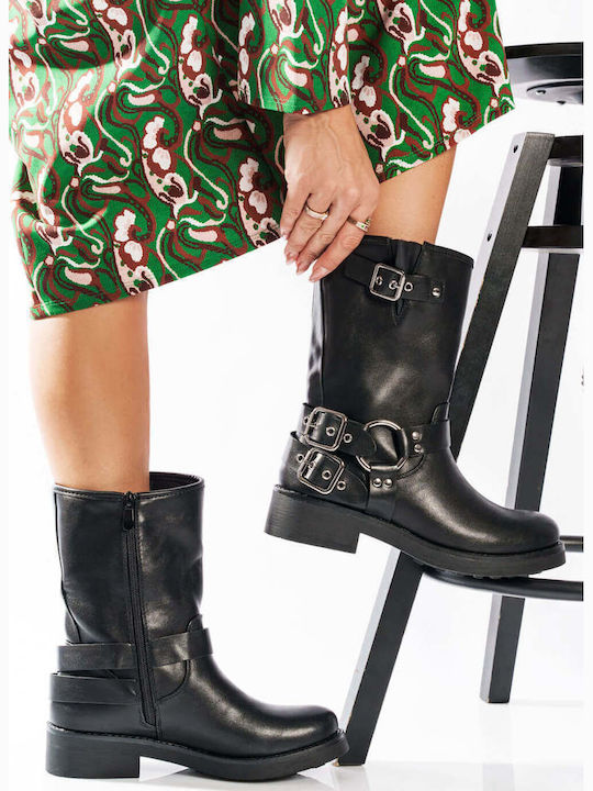 Black Biker Boots With Metal Rings Buckles