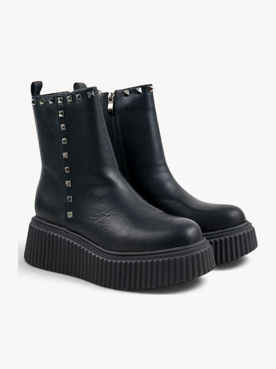 Schwarze Stiefeletten Damen Plattform mit Metallischen Nieten
