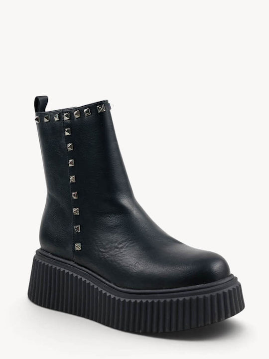 Schwarze Stiefeletten Damen Plattform mit Metallischen Nieten