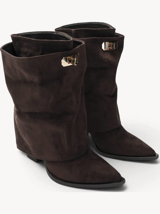 Brown Western Ankle Boots With Metallic Buckle And Gathered Detail