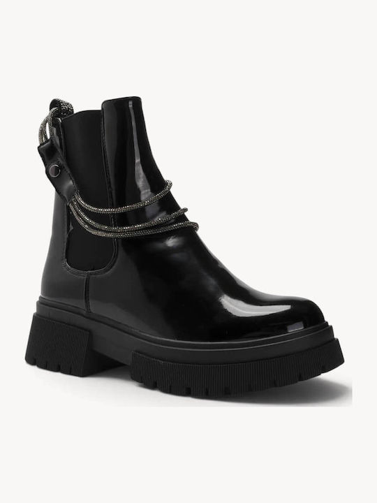Black Patent Leather Ankle Boots Decorative Chains Black Patent Leather Ankle Boots Decorative Chains