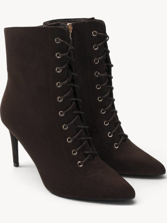 Brown Suede Ankle Boots With Laces High Thin Heel
