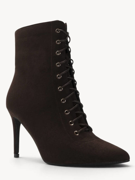 Brown Suede Ankle Boots With Laces High Thin Heel