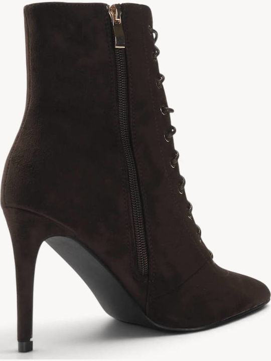 Brown Suede Ankle Boots With Laces High Thin Heel