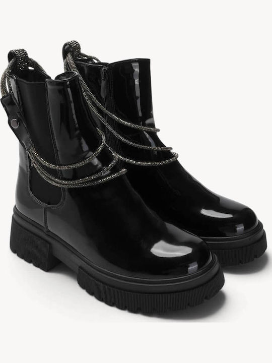Black Patent Leather Ankle Boots Decorative Chains