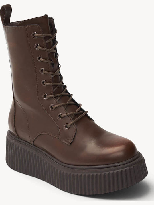 Tabac Brown Ankle Boots with Laces Embossed Platform Sole