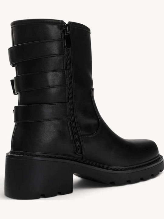 Black Ankle Boots Triple Buckles Chunky Heel