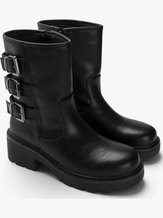 Black Ankle Boots Triple Buckles Chunky Heel