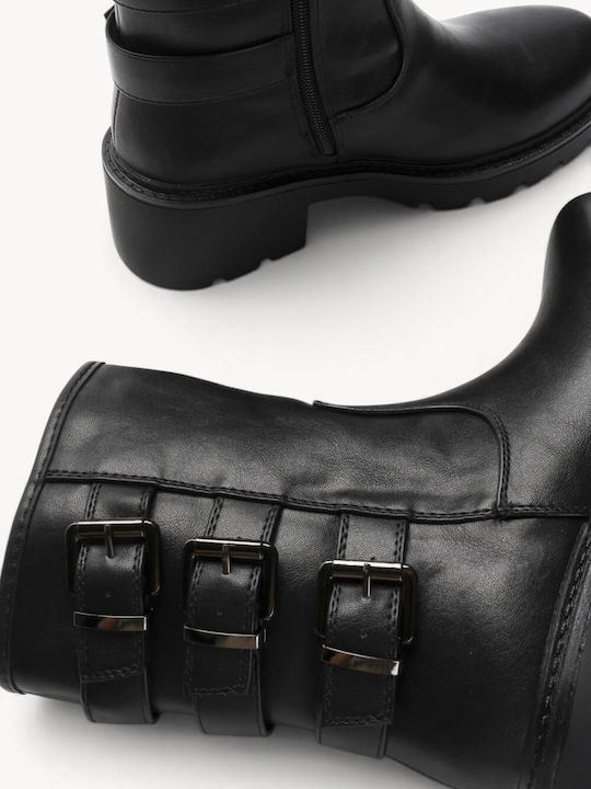 Black Ankle Boots Triple Buckles Chunky Heel