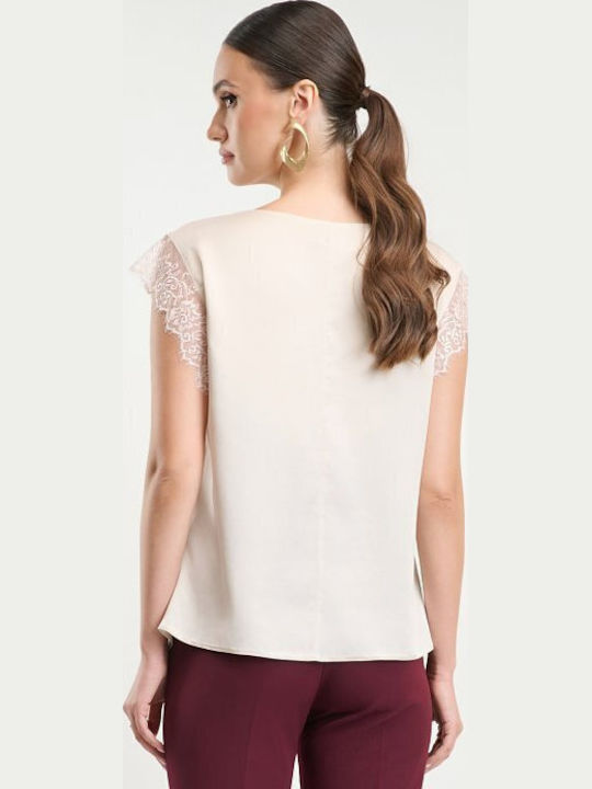 Damen Bluse Satin mit Spitze Ecru