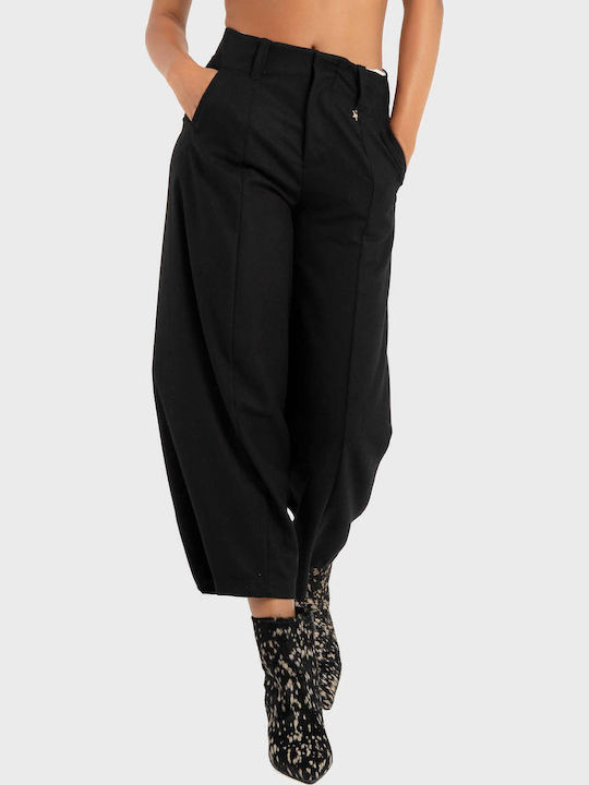 Damen Stoff Capri Hose in Balloon Bein Stil Schwarz F40X0117-Schwarz