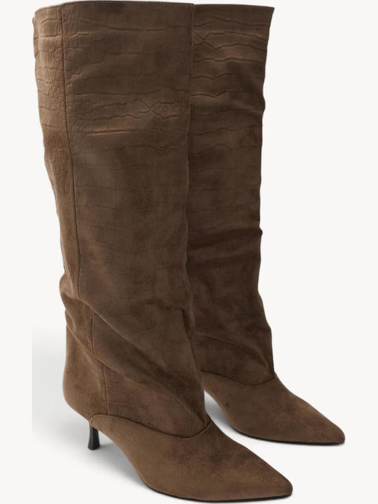 Beige Damenstiefel Mit Prägung Croco Textur Spitz Zehen