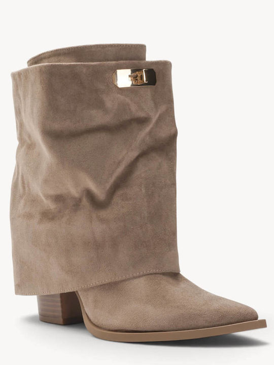 Beige Damenstiefel Western Schnürsenkel Mit Metallischem Schnallen