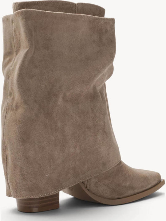 Beige Damenstiefel Western Schnürsenkel Mit Metallischem Schnallen
