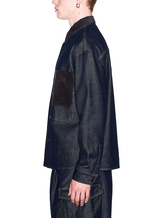 Long Sleeve Denim Shirt in Oversized Line Brown- Blue