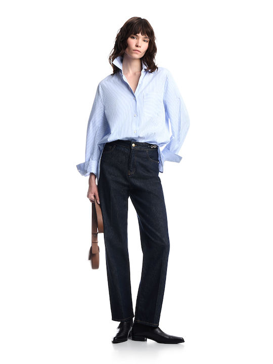 Long Sleeve Women's Cotton Shirt White-Blue Striped
