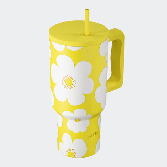 Estia Straw Tumbler XL Save The Aegean Recyclable Handled Tumbler Thermos Stainless Steel BPA Free 900ml Yellow Daisy with Straw and Handle