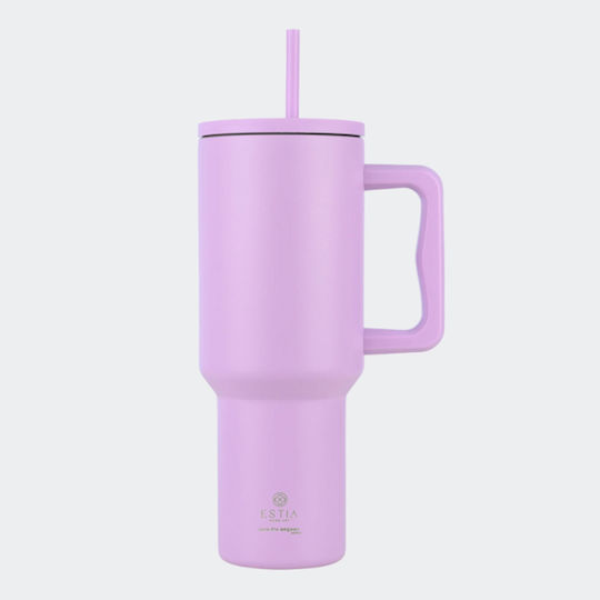 Estia Straw Tumbler XL Save the Aegean Recyclable Handled Tumbler Thermos Stainless Steel BPA Free 1.2lt Lavender Purple with Straw and Handle