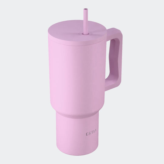 Estia Straw Tumbler XL Save The Aegean Recyclable Handled Thermos Stainless Steel BPA Free 900ml Lavender with Straw and Handle