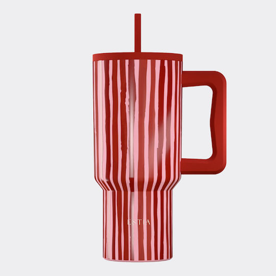 Estia Straw Tumbler XL Save The Aegean Recyclable Handled Tumbler Thermos Stainless Steel BPA Free 900ml Viva Stripe with Straw and Handle