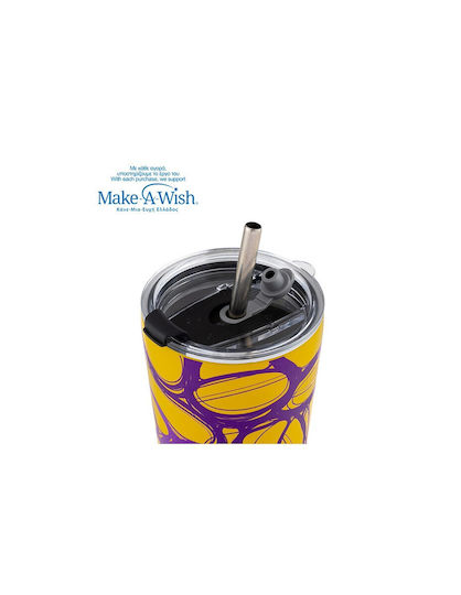 Nava "we Care" Thermos Cup Stainless Steel / Plastic BPA Free 350ml Yellow Print with Straw