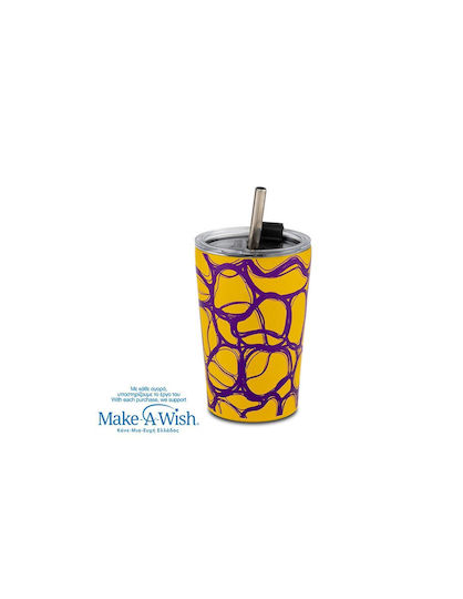 Nava "we Care" Thermos Cup Stainless Steel / Plastic BPA Free 350ml Yellow Print with Straw